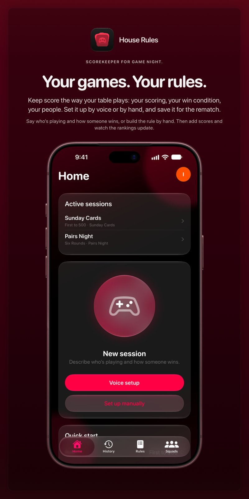 The House Rules share image, showing the app on iPhone 18 Pro Max with its icon, name and headline for the Sunday Cards session, in the Pink tint, dark appearance.