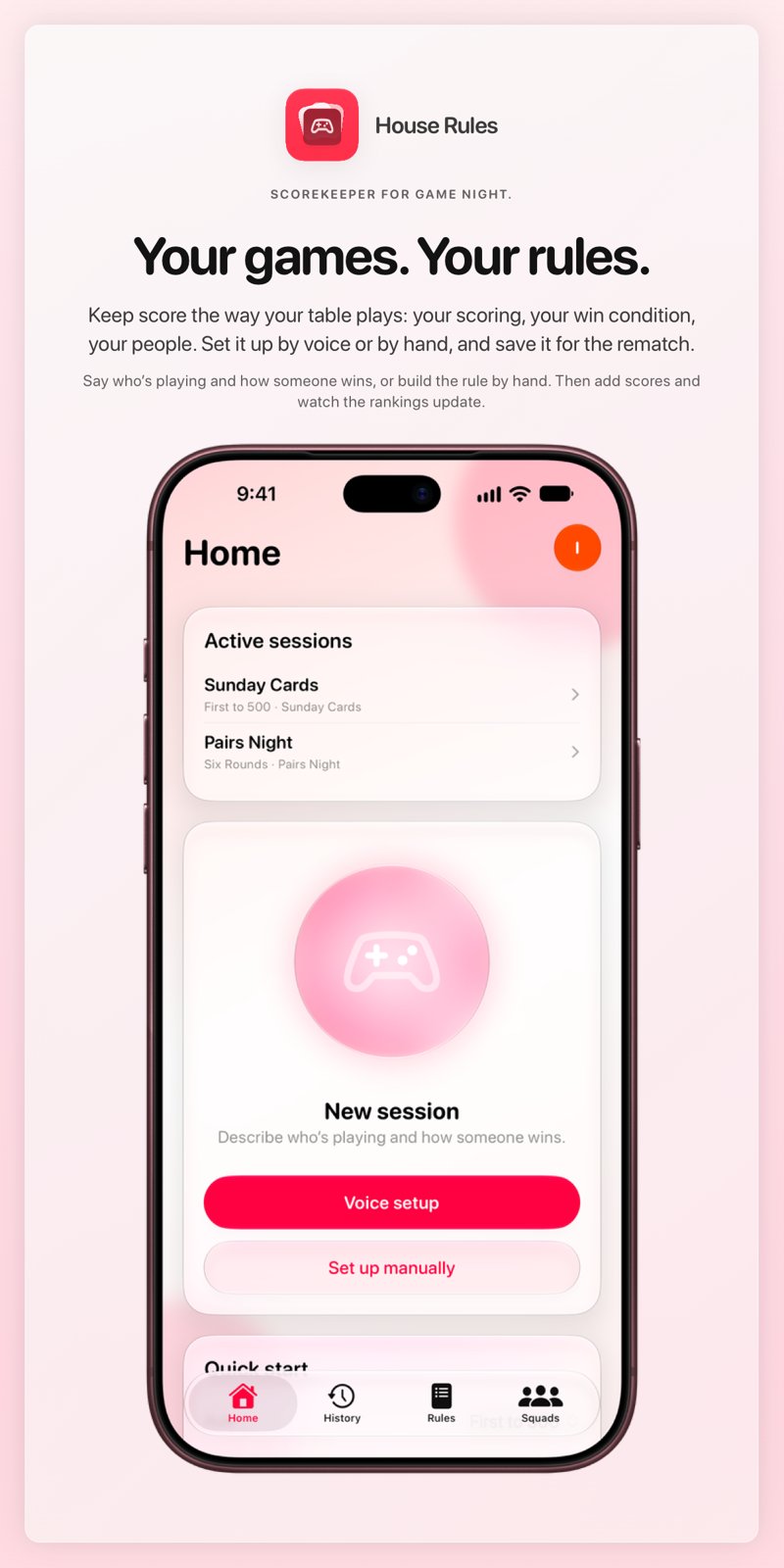The House Rules share image, showing the app on iPhone 18 Pro Max with its icon, name and headline for the Sunday Cards session, in the Pink tint, light appearance.
