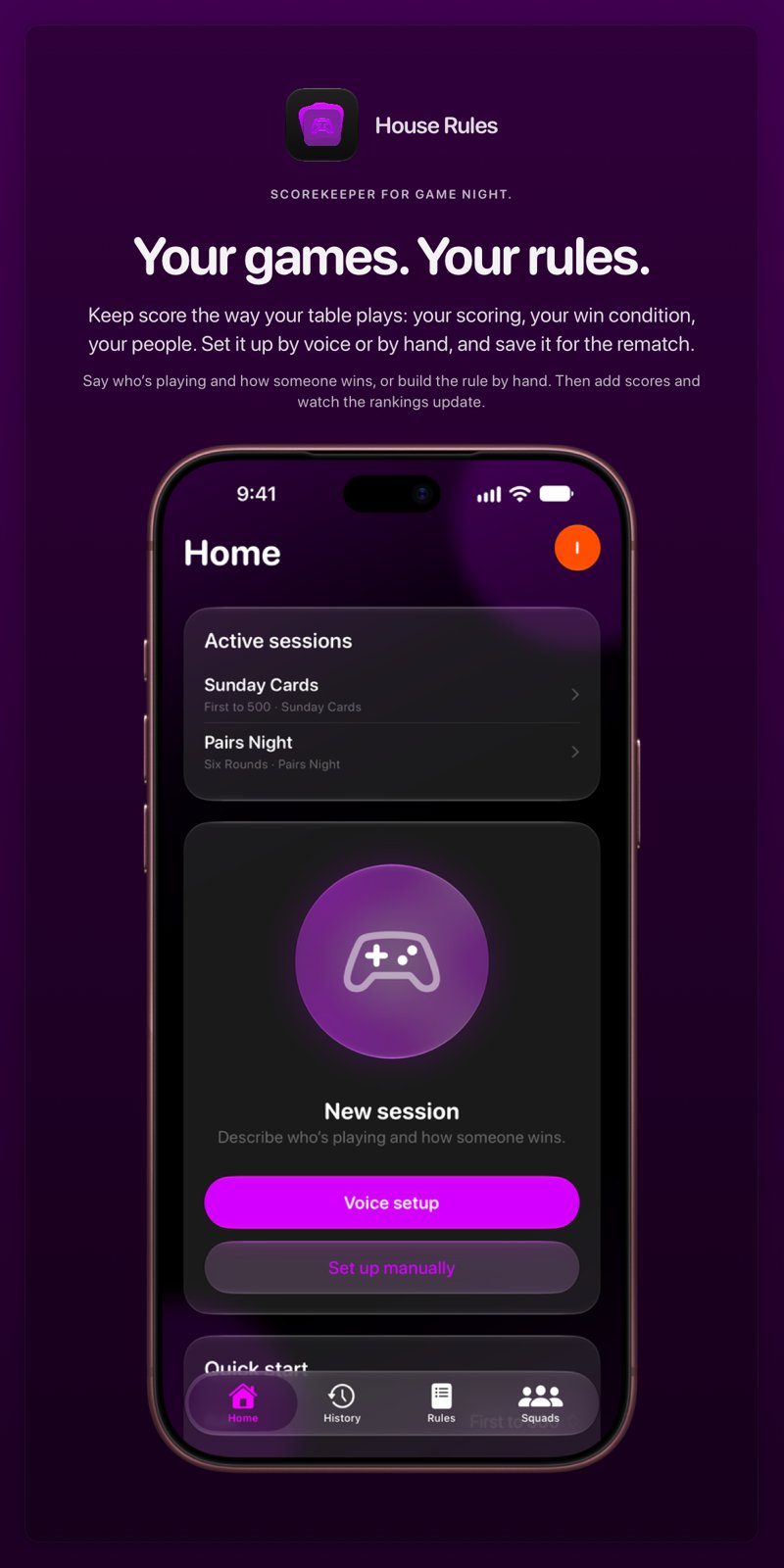 The House Rules share image, showing the app on iPhone 18 Pro Max with its icon, name and headline for the Sunday Cards session, in the Purple tint, dark appearance.