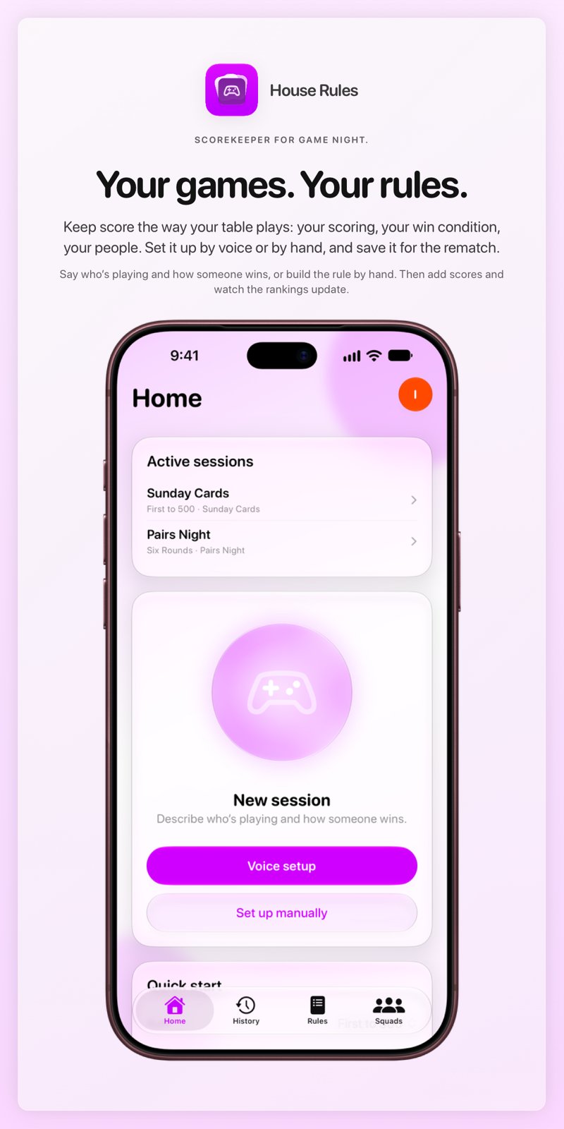 The House Rules share image, showing the app on iPhone 18 Pro Max with its icon, name and headline for the Sunday Cards session, in the Purple tint, light appearance.
