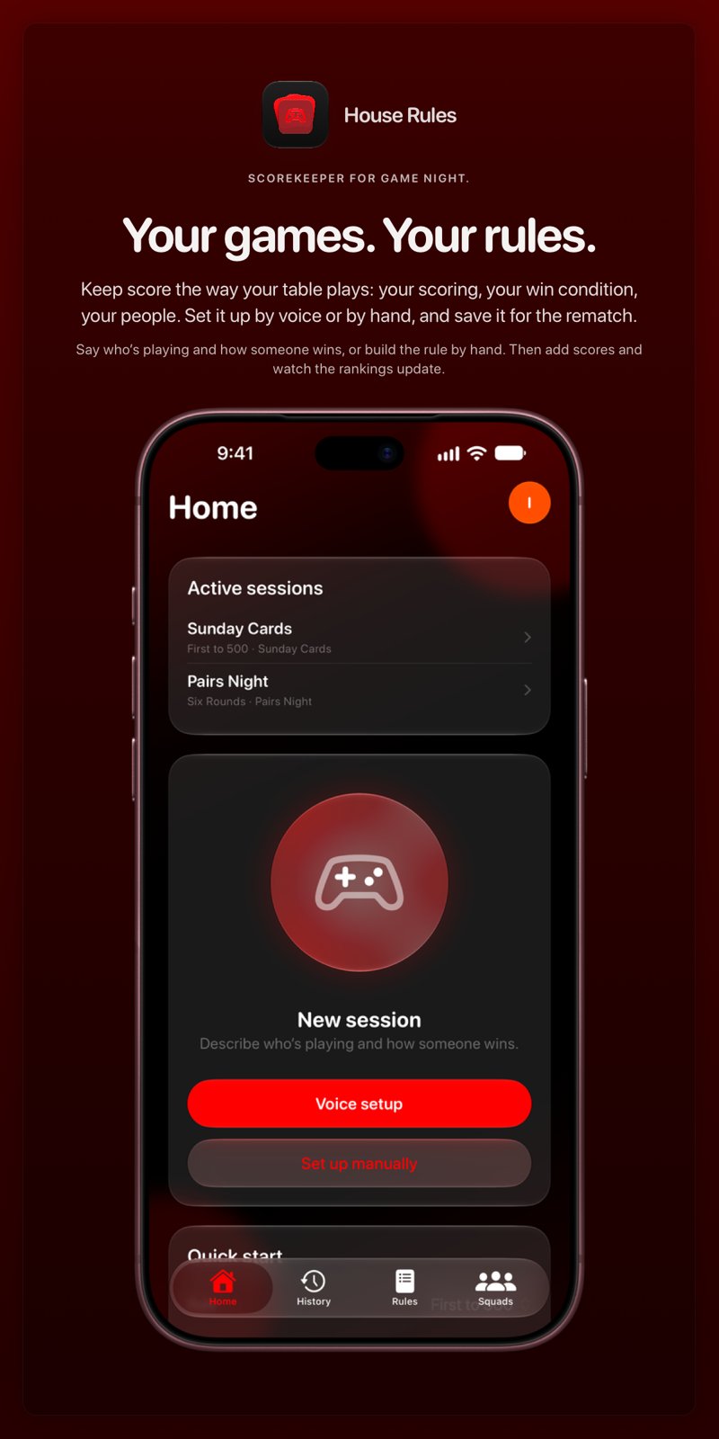 The House Rules share image, showing the app on iPhone 18 Pro Max with its icon, name and headline for the Sunday Cards session, in the Red tint, dark appearance.