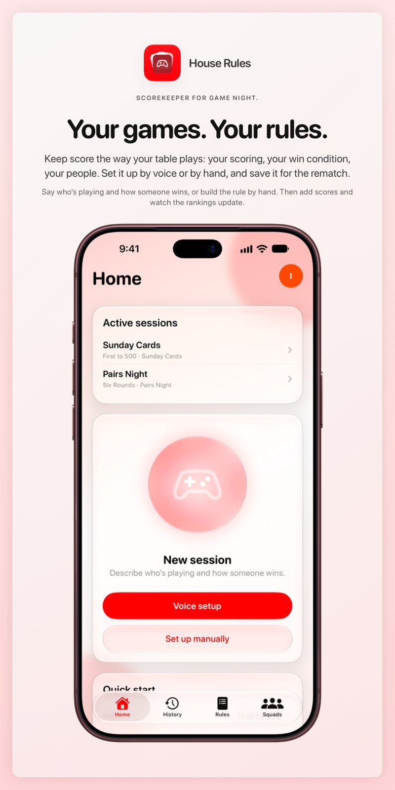 The House Rules share image, showing the app on iPhone 18 Pro Max with its icon, name and headline for the Sunday Cards session, in the Red tint, light appearance.