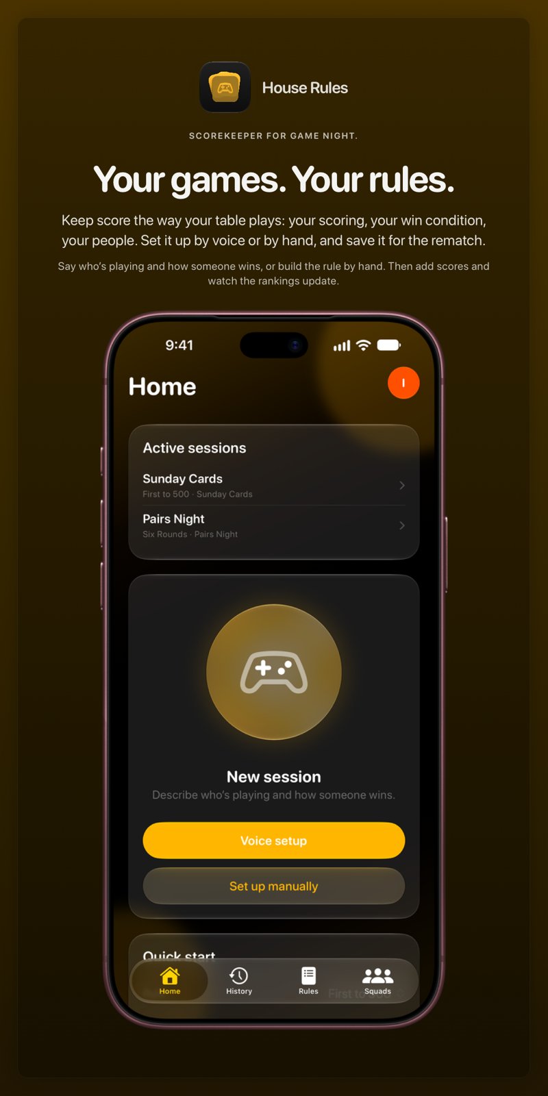 The House Rules share image, showing the app on iPhone 18 Pro Max with its icon, name and headline for the Sunday Cards session, in the Yellow tint, dark appearance.