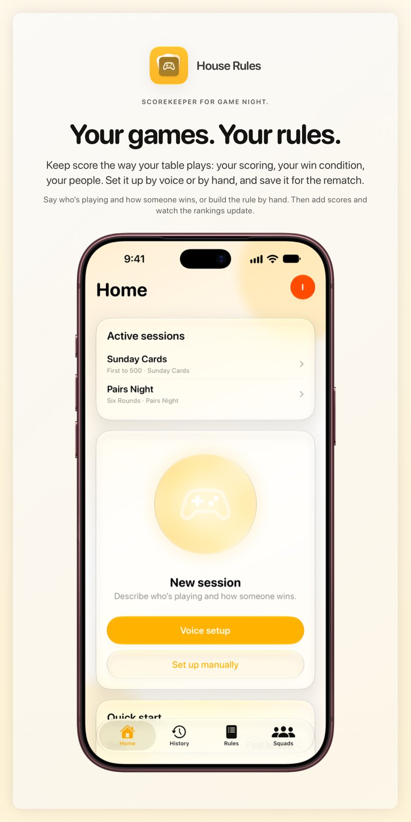 The House Rules share image, showing the app on iPhone 18 Pro Max with its icon, name and headline for the Sunday Cards session, in the Yellow tint, light appearance.
