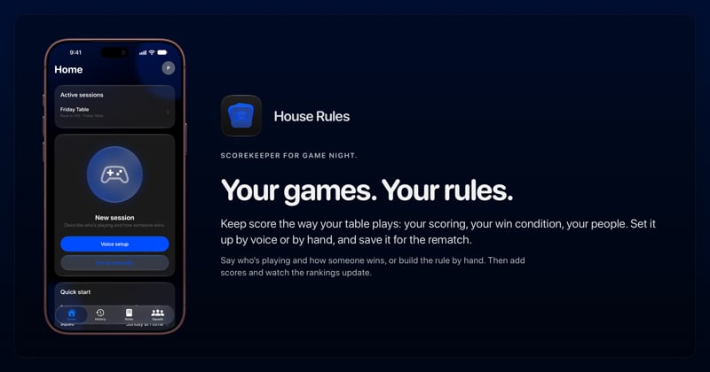 The House Rules share image, showing the app on iPhone 18 Pro Max with its icon, name and headline for the Friday Table session, in the Blue tint, dark appearance.