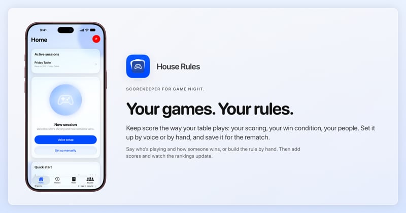 The House Rules share image, showing the app on iPhone 18 Pro Max with its icon, name and headline for the Friday Table session, in the Blue tint, light appearance.