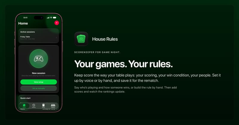 The House Rules share image, showing the app on iPhone 18 Pro Max with its icon, name and headline for the Friday Table session, in the Green tint, dark appearance.
