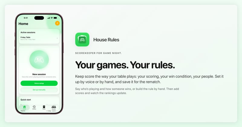 The House Rules share image, showing the app on iPhone 18 Pro Max with its icon, name and headline for the Friday Table session, in the Green tint, light appearance.
