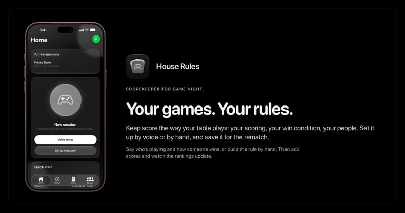 The House Rules share image, showing the app on iPhone 18 Pro Max with its icon, name and headline for the Friday Table session, in the Grey tint, dark appearance.