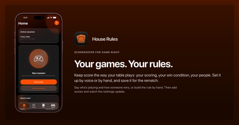 The House Rules share image, showing the app on iPhone 18 Pro Max with its icon, name and headline for the Friday Table session, in the Orange tint, dark appearance.