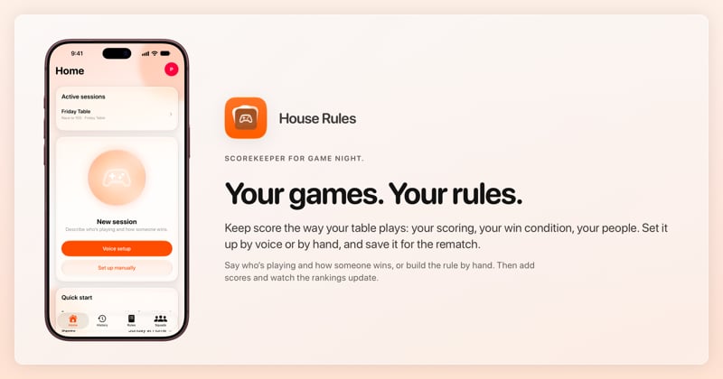 The House Rules share image, showing the app on iPhone 18 Pro Max with its icon, name and headline for the Friday Table session, in the Orange tint, light appearance.