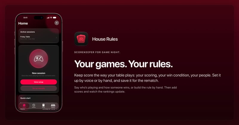 The House Rules share image, showing the app on iPhone 18 Pro Max with its icon, name and headline for the Friday Table session, in the Pink tint, dark appearance.