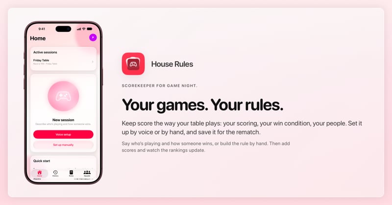 The House Rules share image, showing the app on iPhone 18 Pro Max with its icon, name and headline for the Friday Table session, in the Pink tint, light appearance.