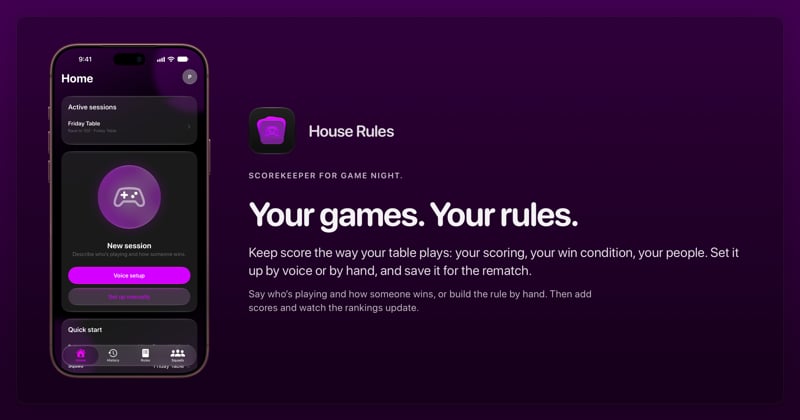 The House Rules share image, showing the app on iPhone 18 Pro Max with its icon, name and headline for the Friday Table session, in the Purple tint, dark appearance.