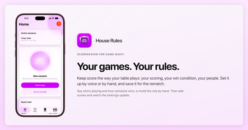 The House Rules share image, showing the app on iPhone 18 Pro Max with its icon, name and headline for the Friday Table session, in the Purple tint, light appearance.