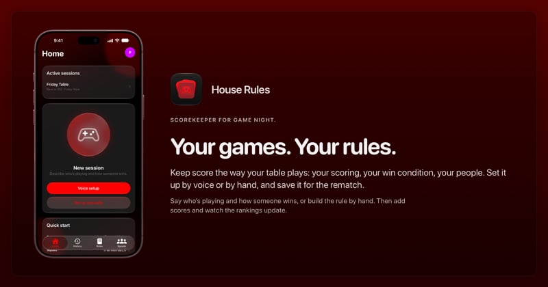 The House Rules share image, showing the app on iPhone 18 Pro Max with its icon, name and headline for the Friday Table session, in the Red tint, dark appearance.
