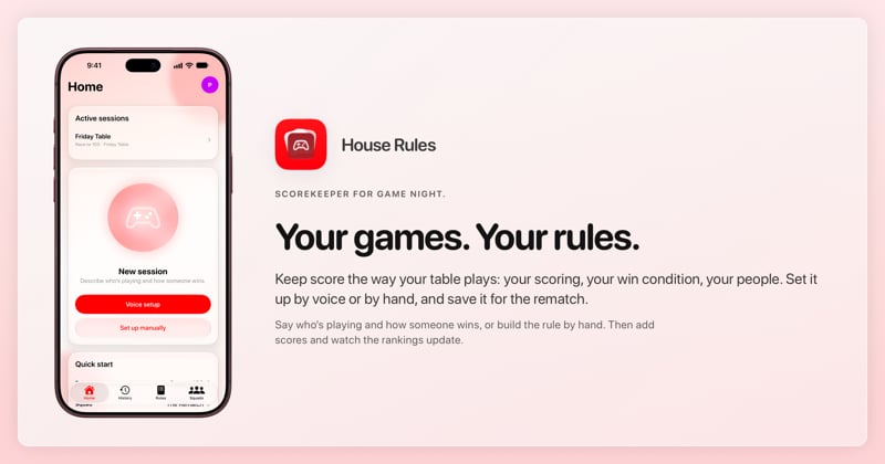 The House Rules share image, showing the app on iPhone 18 Pro Max with its icon, name and headline for the Friday Table session, in the Red tint, light appearance.