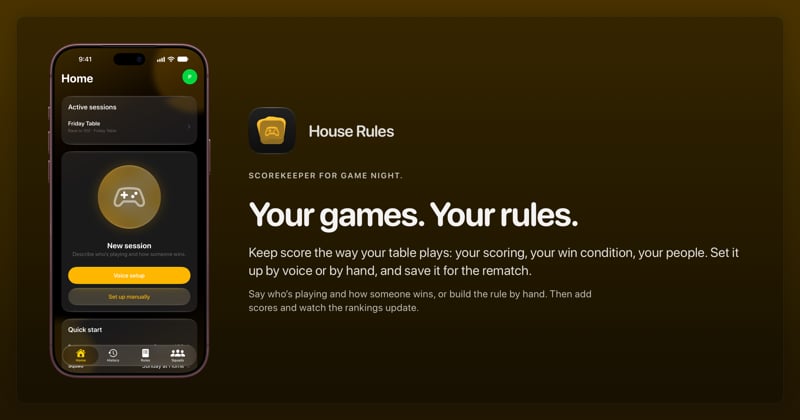 The House Rules share image, showing the app on iPhone 18 Pro Max with its icon, name and headline for the Friday Table session, in the Yellow tint, dark appearance.