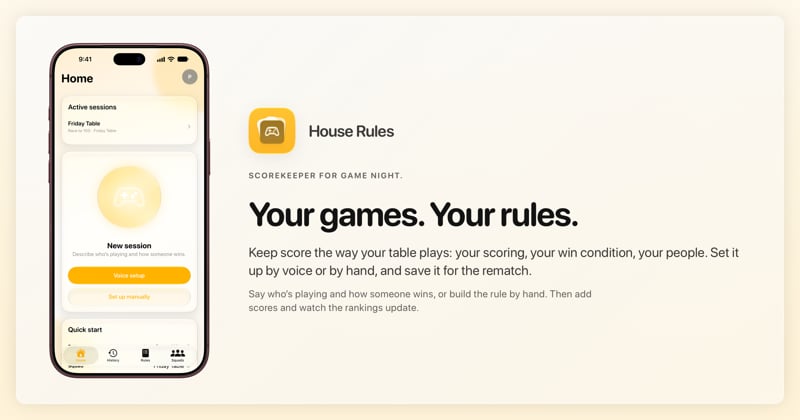 The House Rules share image, showing the app on iPhone 18 Pro Max with its icon, name and headline for the Friday Table session, in the Yellow tint, light appearance.