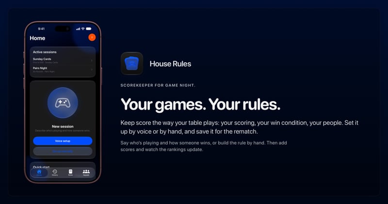 The House Rules share image, showing the app on iPhone 18 Pro Max with its icon, name and headline for the Sunday Cards session, in the Blue tint, dark appearance.