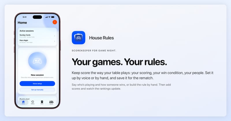 The House Rules share image, showing the app on iPhone 18 Pro Max with its icon, name and headline for the Sunday Cards session, in the Blue tint, light appearance.