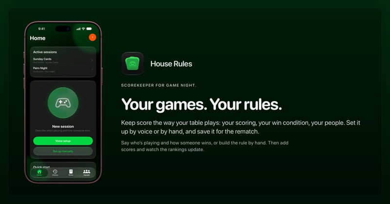 The House Rules share image, showing the app on iPhone 18 Pro Max with its icon, name and headline for the Sunday Cards session, in the Green tint, dark appearance.