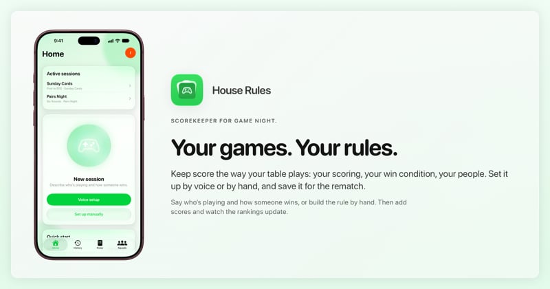 The House Rules share image, showing the app on iPhone 18 Pro Max with its icon, name and headline for the Sunday Cards session, in the Green tint, light appearance.