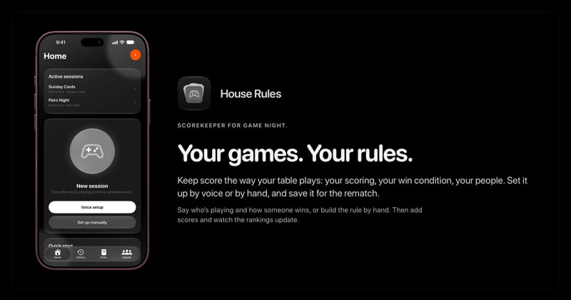 The House Rules share image, showing the app on iPhone 18 Pro Max with its icon, name and headline for the Sunday Cards session, in the Grey tint, dark appearance.