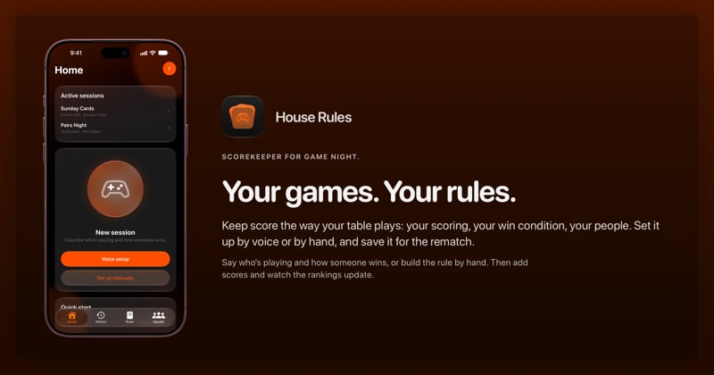The House Rules share image, showing the app on iPhone 18 Pro Max with its icon, name and headline for the Sunday Cards session, in the Orange tint, dark appearance.