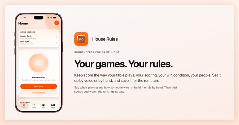 The House Rules share image, showing the app on iPhone 18 Pro Max with its icon, name and headline for the Sunday Cards session, in the Orange tint, light appearance.