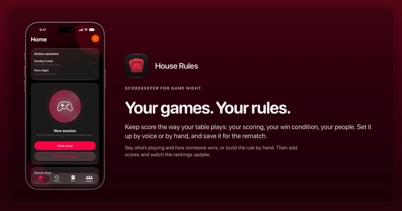 The House Rules share image, showing the app on iPhone 18 Pro Max with its icon, name and headline for the Sunday Cards session, in the Pink tint, dark appearance.