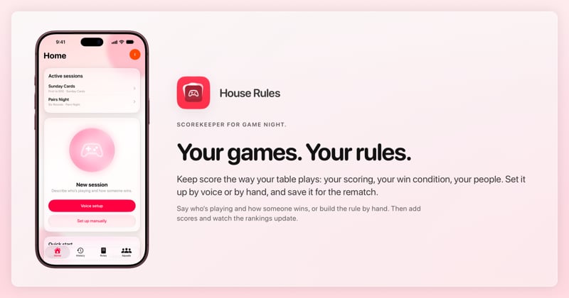 The House Rules share image, showing the app on iPhone 18 Pro Max with its icon, name and headline for the Sunday Cards session, in the Pink tint, light appearance.
