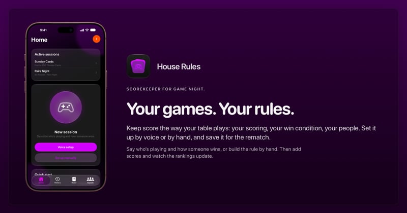 The House Rules share image, showing the app on iPhone 18 Pro Max with its icon, name and headline for the Sunday Cards session, in the Purple tint, dark appearance.