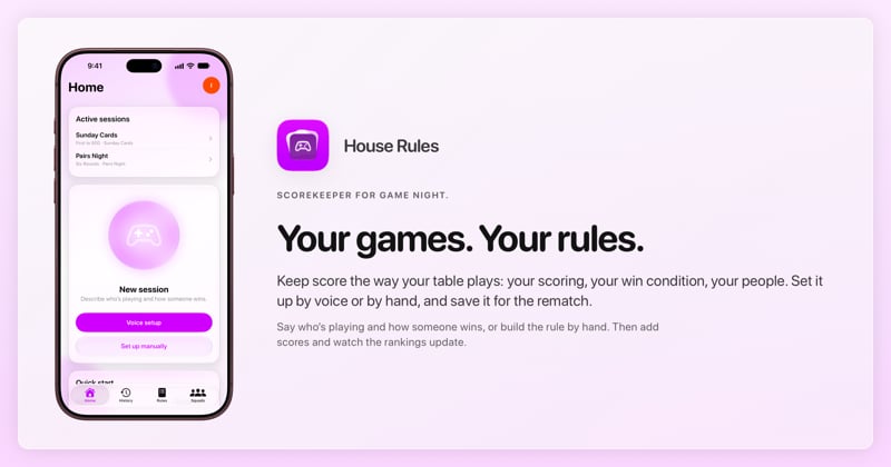 The House Rules share image, showing the app on iPhone 18 Pro Max with its icon, name and headline for the Sunday Cards session, in the Purple tint, light appearance.