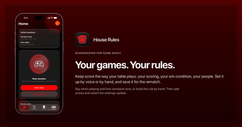 The House Rules share image, showing the app on iPhone 18 Pro Max with its icon, name and headline for the Sunday Cards session, in the Red tint, dark appearance.