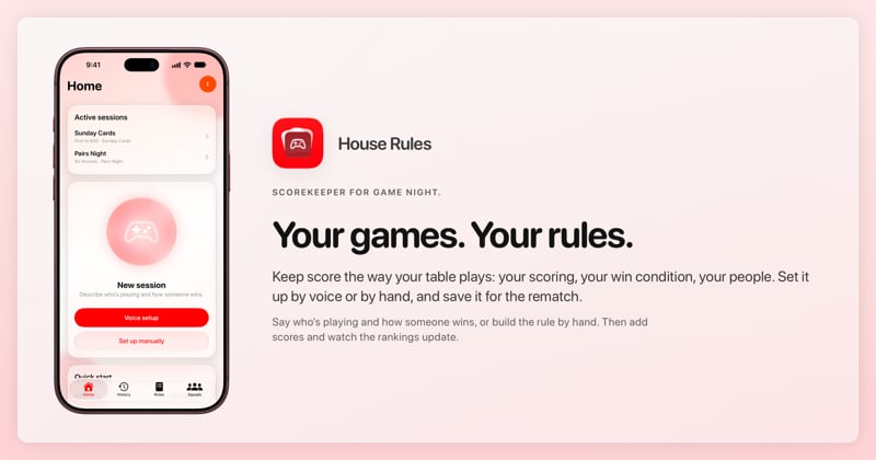 The House Rules share image, showing the app on iPhone 18 Pro Max with its icon, name and headline for the Sunday Cards session, in the Red tint, light appearance.