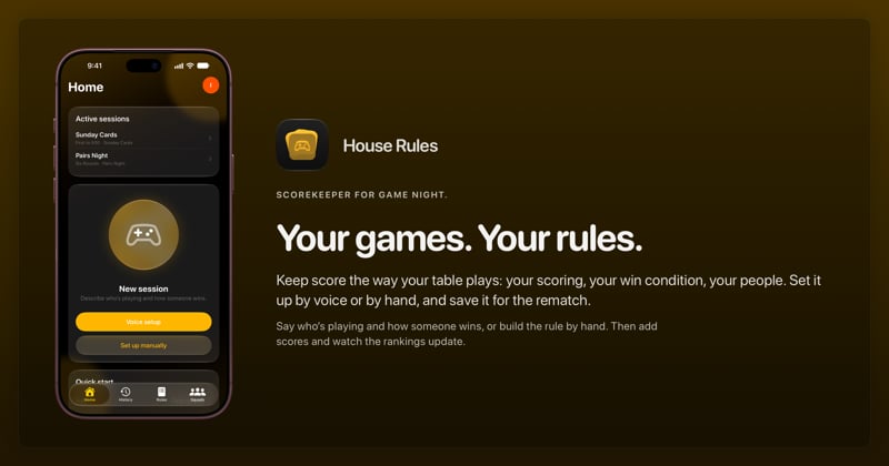 The House Rules share image, showing the app on iPhone 18 Pro Max with its icon, name and headline for the Sunday Cards session, in the Yellow tint, dark appearance.