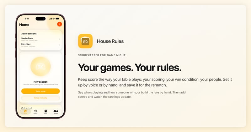 The House Rules share image, showing the app on iPhone 18 Pro Max with its icon, name and headline for the Sunday Cards session, in the Yellow tint, light appearance.