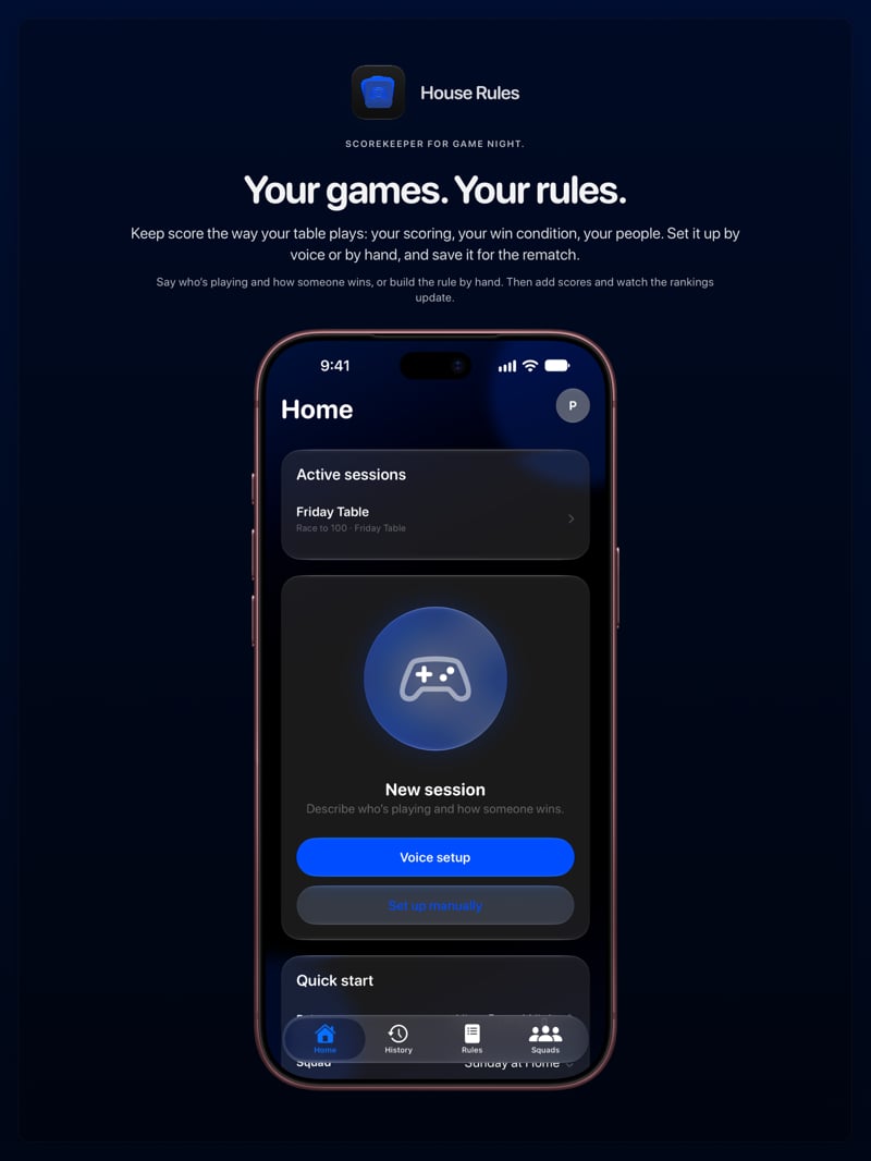 The House Rules share image, showing the app on iPhone 18 Pro Max with its icon, name and headline for the Friday Table session, in the Blue tint, dark appearance.