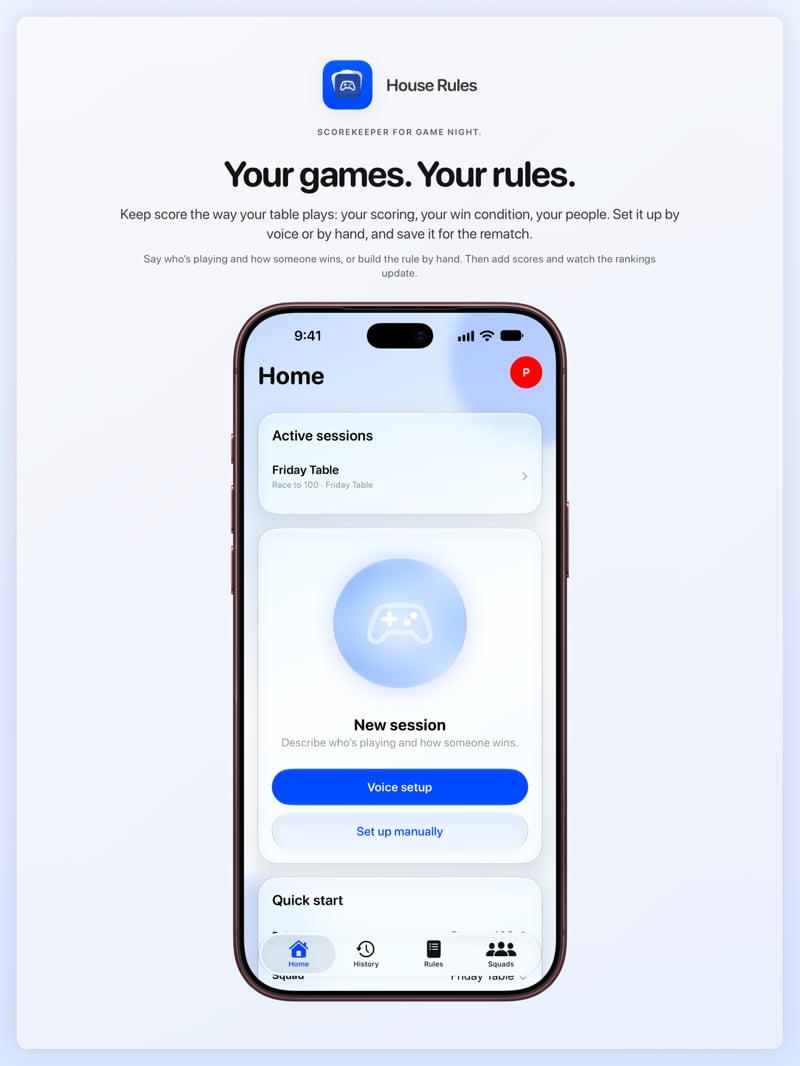 The House Rules share image, showing the app on iPhone 18 Pro Max with its icon, name and headline for the Friday Table session, in the Blue tint, light appearance.