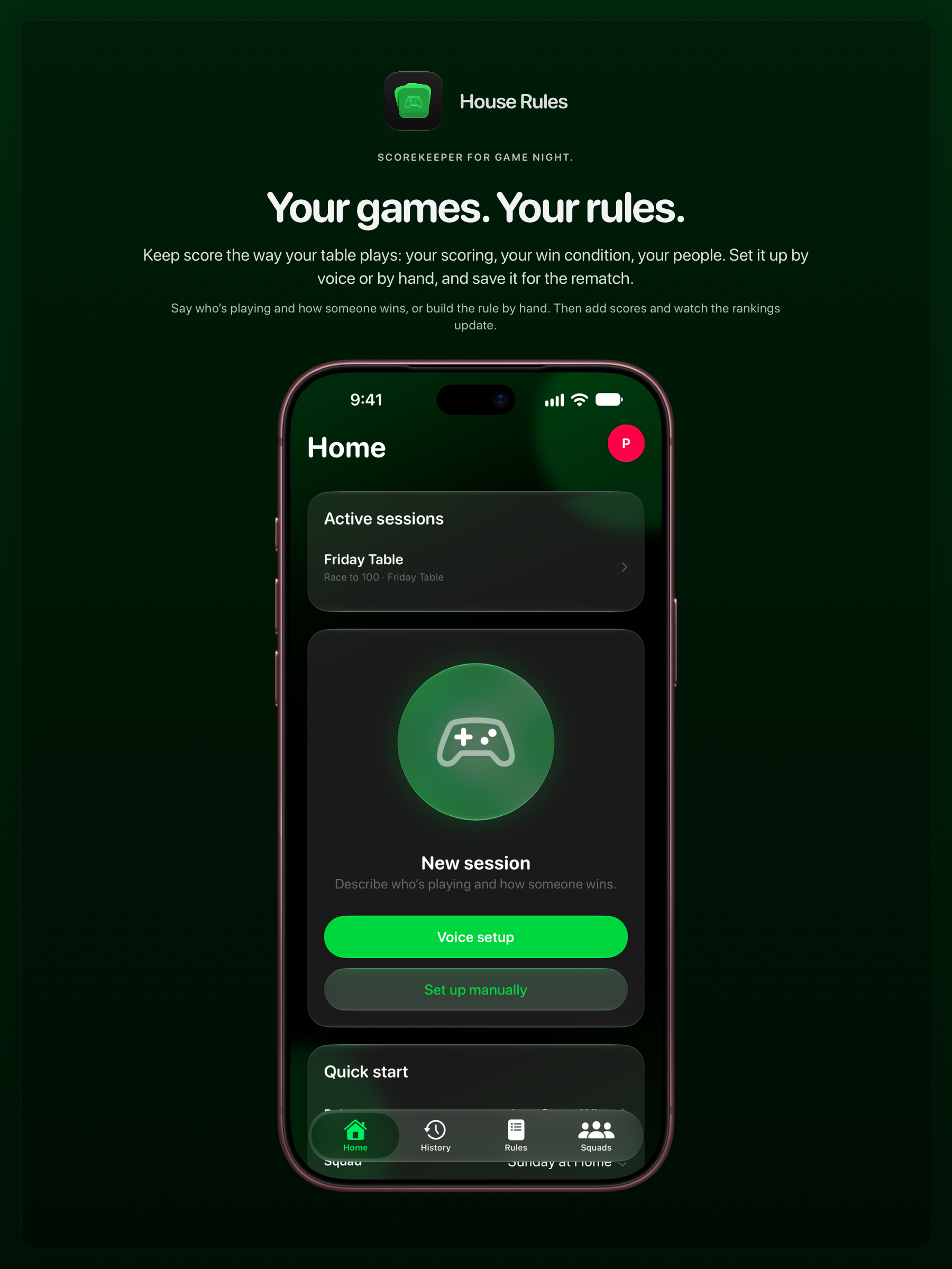 The House Rules share image, showing the app on iPhone 18 Pro Max with its icon, name and headline for the Friday Table session, in the Green tint, dark appearance.