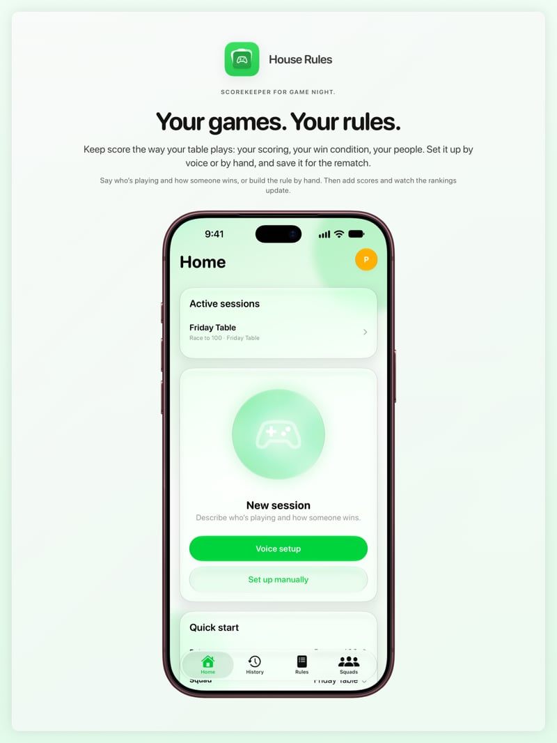 The House Rules share image, showing the app on iPhone 18 Pro Max with its icon, name and headline for the Friday Table session, in the Green tint, light appearance.