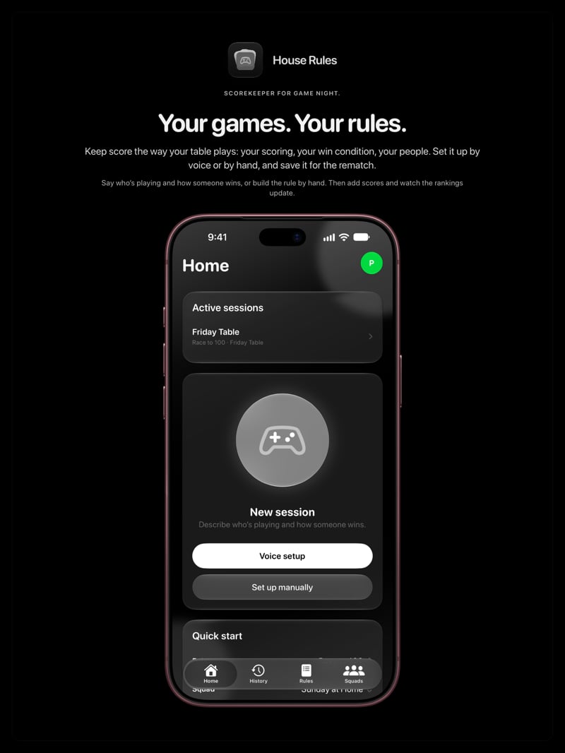 The House Rules share image, showing the app on iPhone 18 Pro Max with its icon, name and headline for the Friday Table session, in the Grey tint, dark appearance.