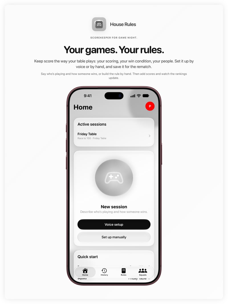 The House Rules share image, showing the app on iPhone 18 Pro Max with its icon, name and headline for the Friday Table session, in the Grey tint, light appearance.