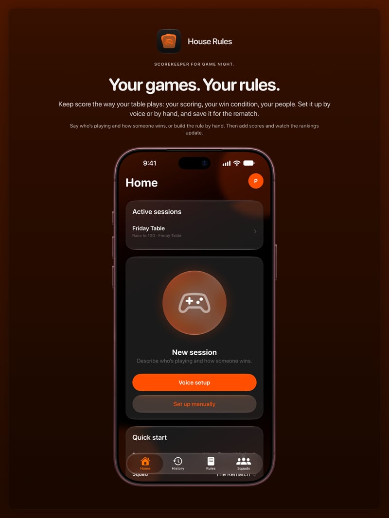 The House Rules share image, showing the app on iPhone 18 Pro Max with its icon, name and headline for the Friday Table session, in the Orange tint, dark appearance.