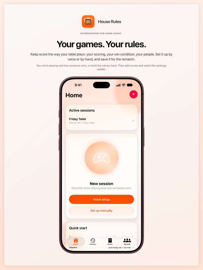 The House Rules share image, showing the app on iPhone 18 Pro Max with its icon, name and headline for the Friday Table session, in the Orange tint, light appearance.