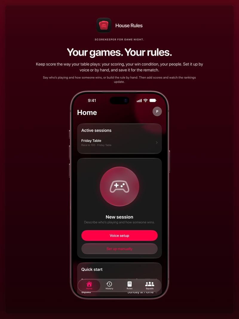 The House Rules share image, showing the app on iPhone 18 Pro Max with its icon, name and headline for the Friday Table session, in the Pink tint, dark appearance.