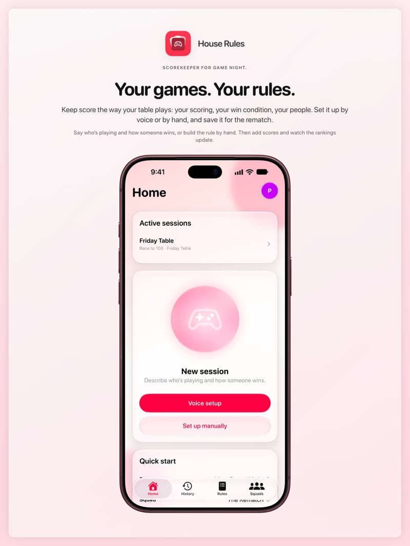The House Rules share image, showing the app on iPhone 18 Pro Max with its icon, name and headline for the Friday Table session, in the Pink tint, light appearance.