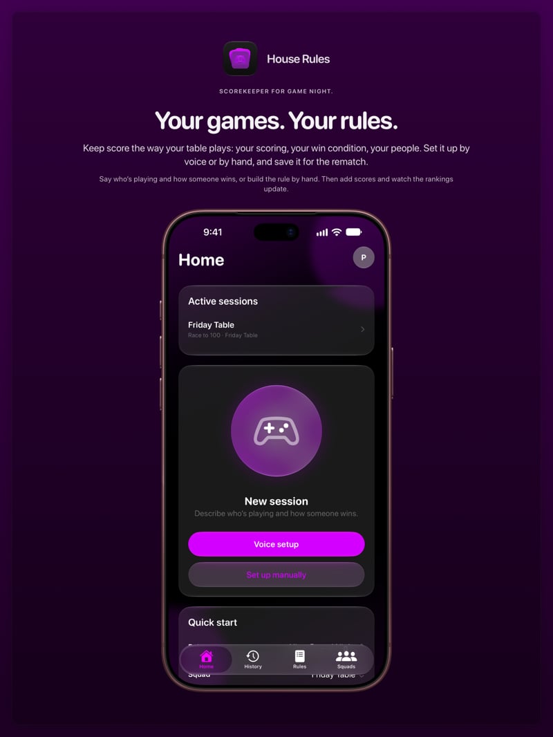 The House Rules share image, showing the app on iPhone 18 Pro Max with its icon, name and headline for the Friday Table session, in the Purple tint, dark appearance.