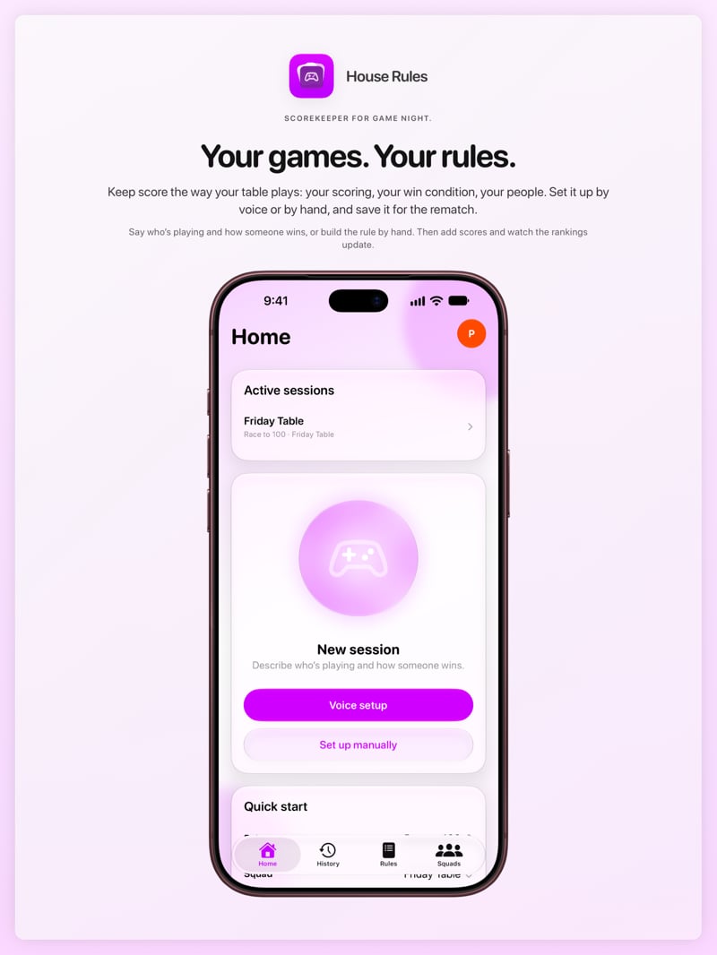 The House Rules share image, showing the app on iPhone 18 Pro Max with its icon, name and headline for the Friday Table session, in the Purple tint, light appearance.